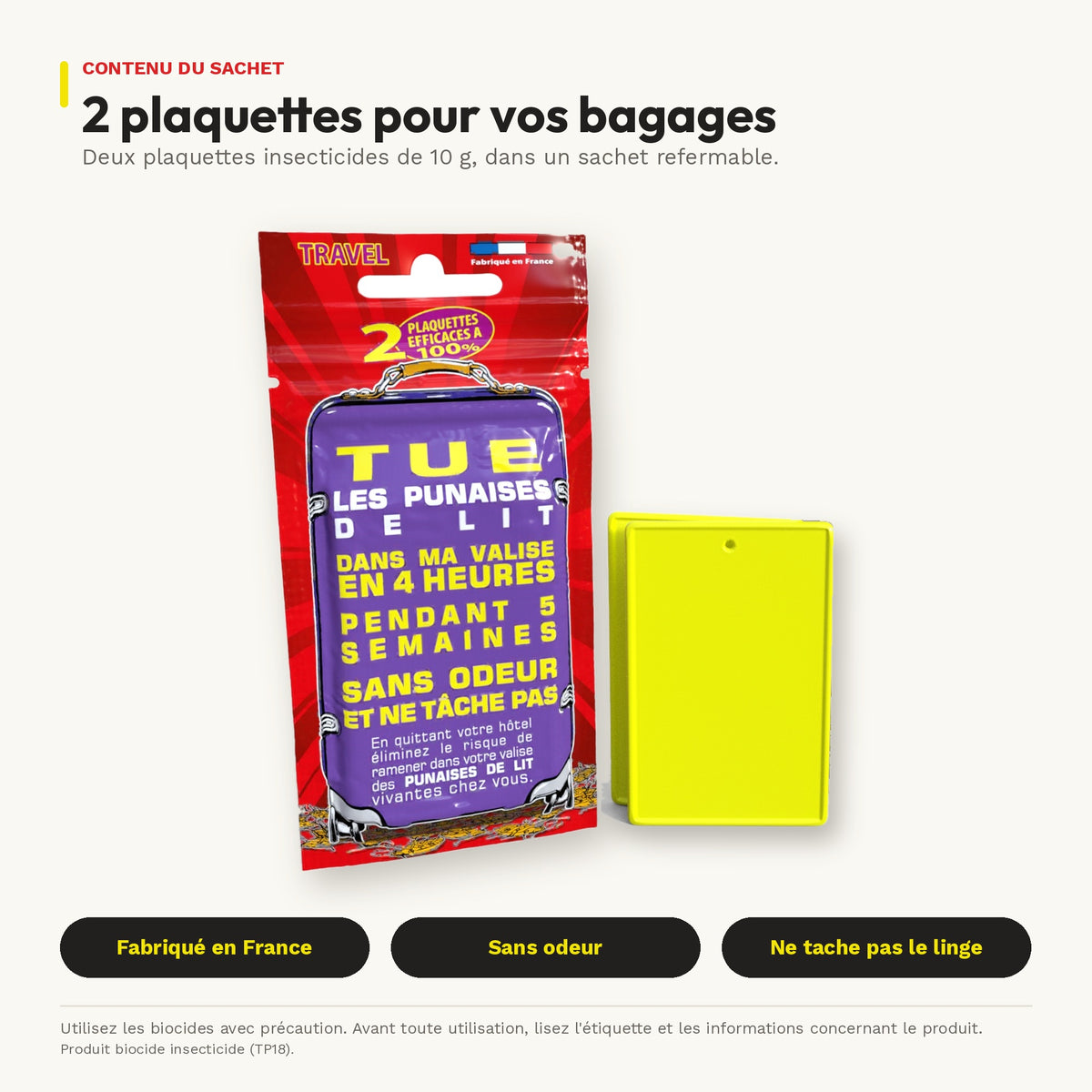 Plaquette insecticide anti-punaises de lit pour valise – 4h chrono