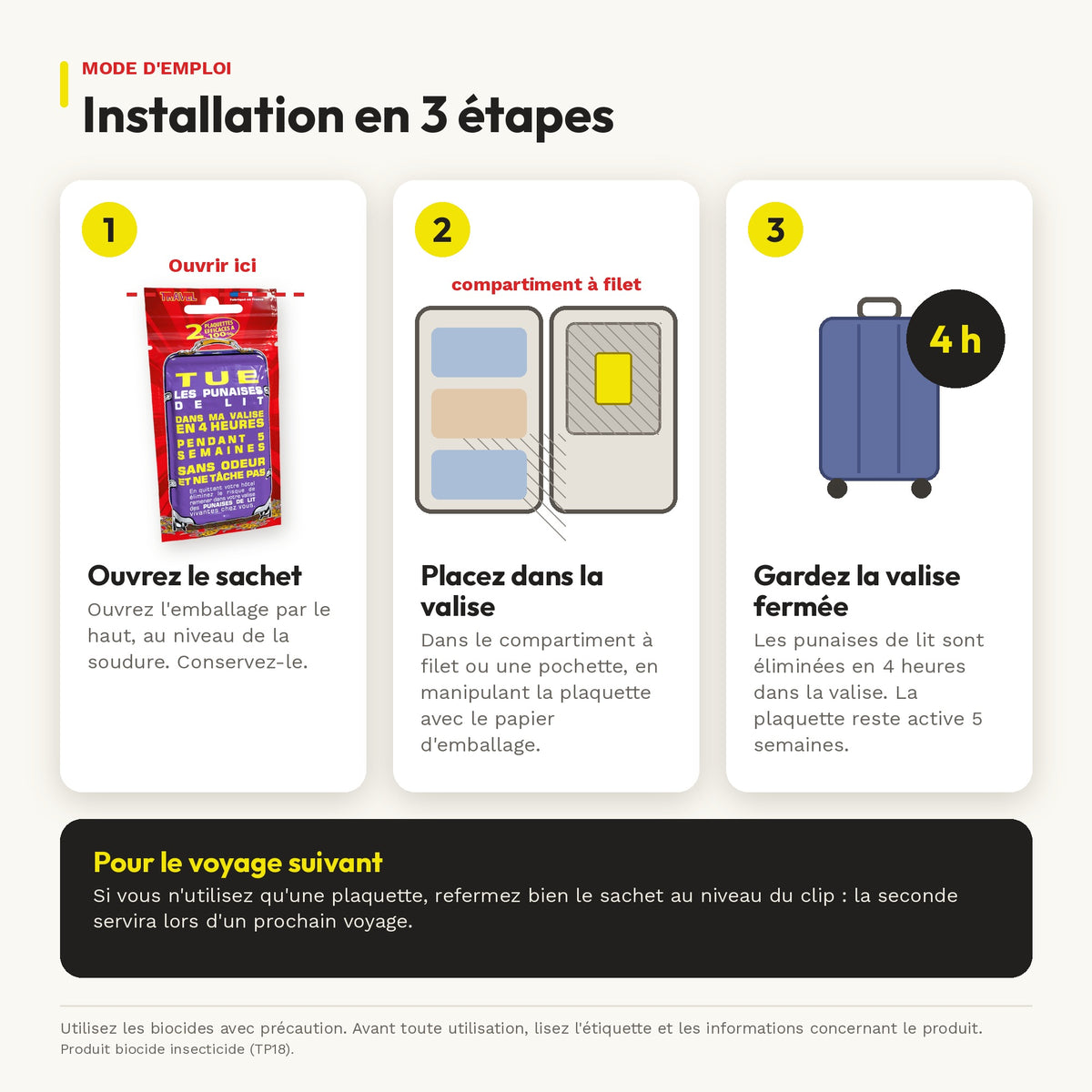 Plaquette insecticide anti-punaises de lit pour valise – 4h chrono