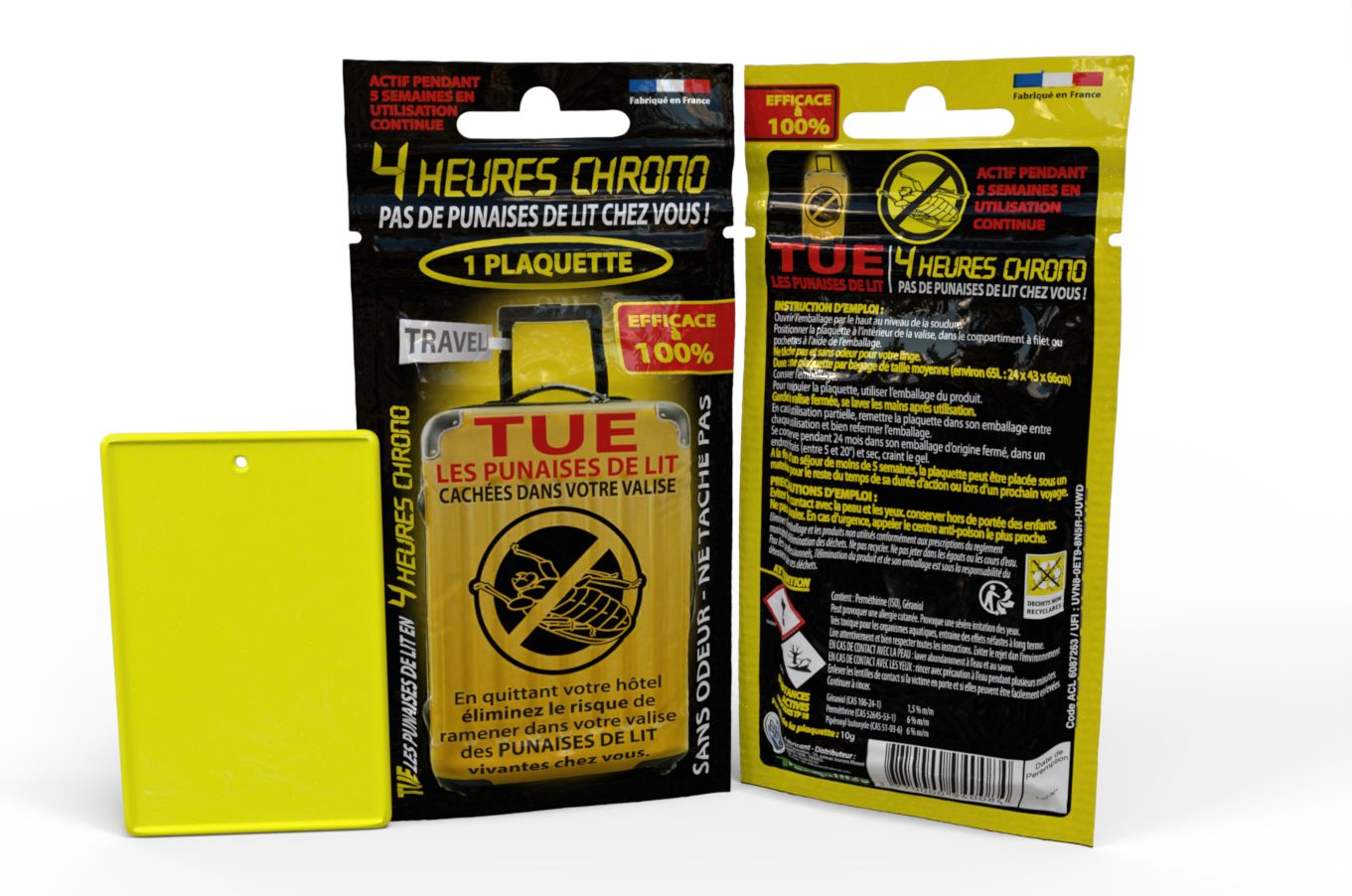 Plaquettes insecticides anti punaise de lit pour valises - 4 heures chrono