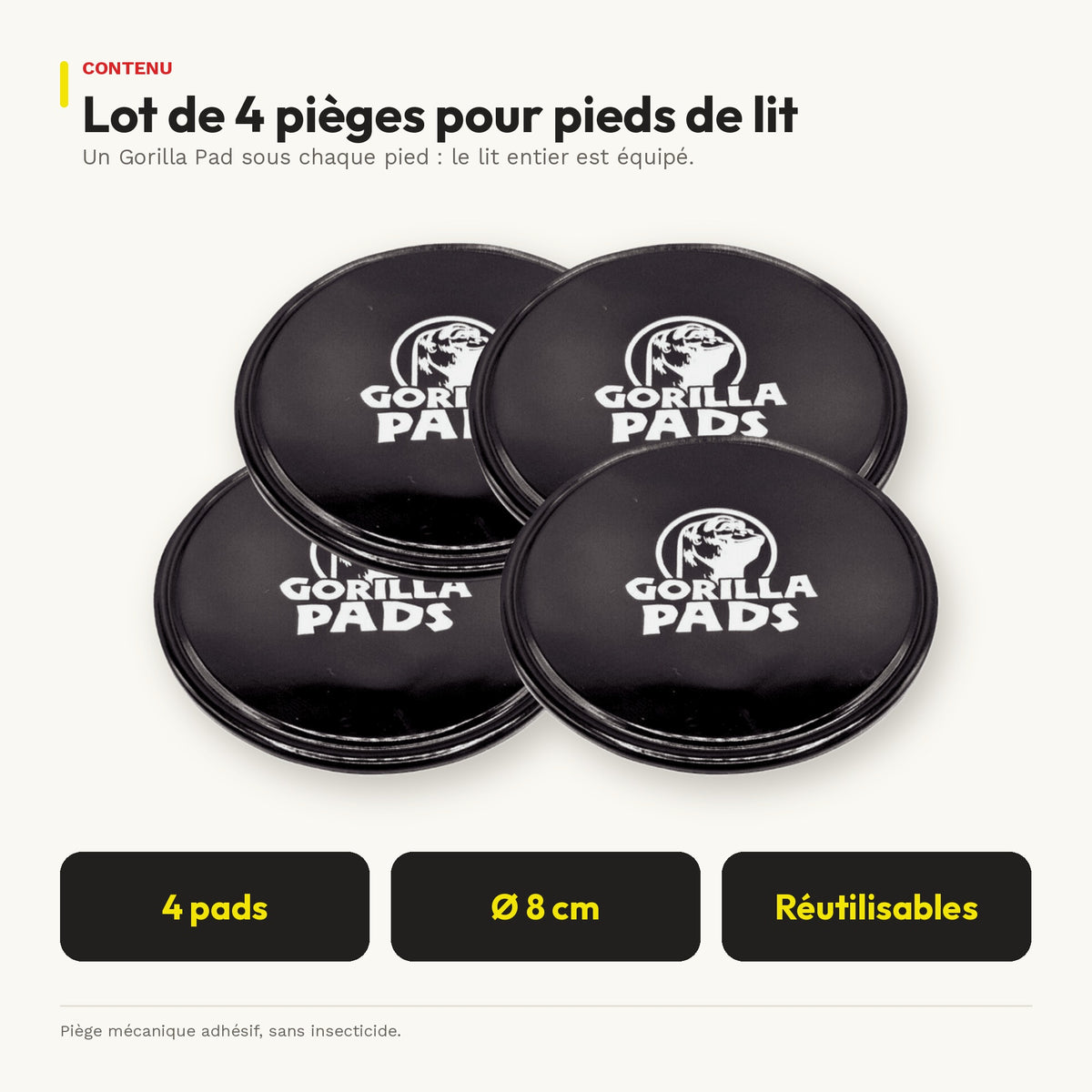 Gorilla Pads - lot de 4 pièges collants pour pieds de lit
