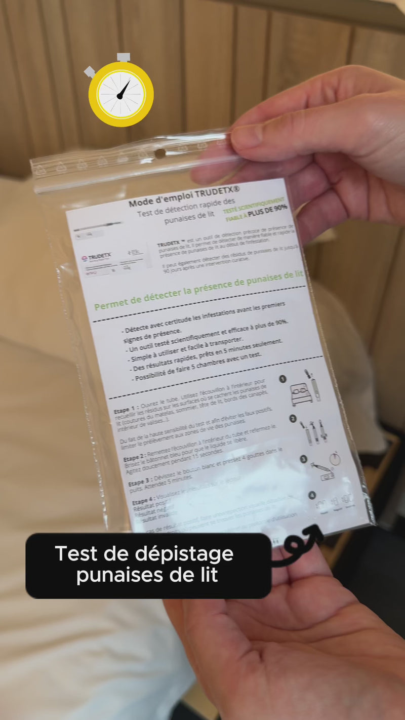 Vidéo qui montre l'utilisation du test de dépistage rapide de punaises de lit TRUDEXT. 